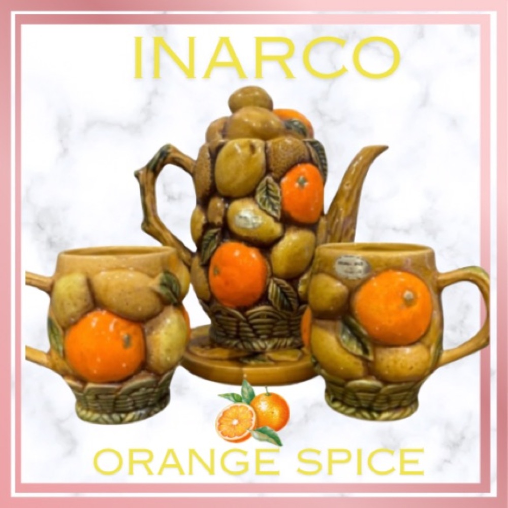 VINTAGE INARCO Orange Spice Tea Pot with Orange Spice Coffee Cup Set